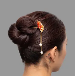Crimson Lotus Sunset | 14k Gold Plated Copper & Freshwater Pearl Hairpin