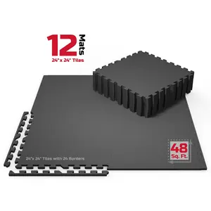 24" x 24" Black High Density EVA Foam Interlocking Floor Mats, 96 Sq ft Area, 12 Piece