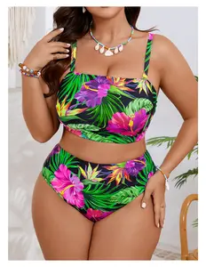 Plus Size Bandeau Bikini  Tropical Floral High Waisted Swimsuit for Women  Removable Straps, Adjustable Back, Flattering Two Piece Bathing Suit  Sizes 12-24