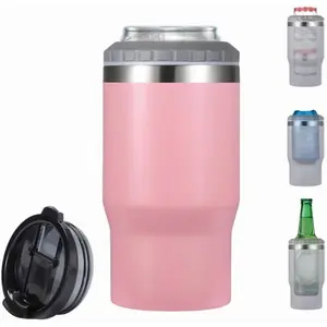 14oz 4 in 1 Stainless Can Beer Bottle Insulator With 2 Lids for 12oz can&bottle, walled Thermocooler &Travel Mug Holder Keeping Your Bevearge Cold (PINK#)
