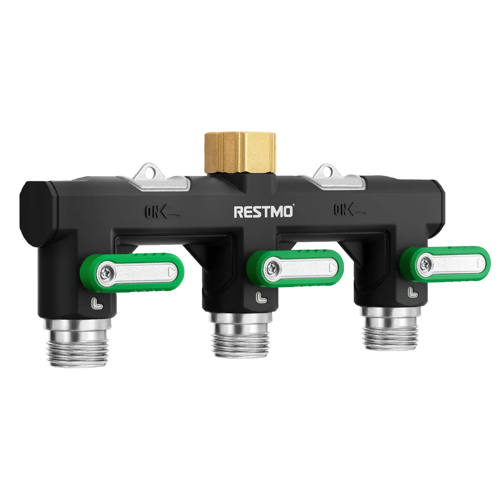 Restmo 3-Way Full Metal Brass Garden Hose Splitter, Heavy-Duty 840 PSI Faucet Adapter with 3/4 Inch GHT Thread, 13Mm Oversized Ball Valve, 15Mm Extra-Wide Inlet/Ports, Extended Shut-Off Handles, Green Connector for Hoses & Reels