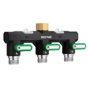 Restmo 3 Way Full Metal Garden Hose Splitter Heavy Duty, Heavy Flow Faucet Adapter with Extra-Wide Ports Diameter & Extended Shut-Off Handles, 3/4 Inch GHT Thread for Outdoor Faucet Spigot - Green