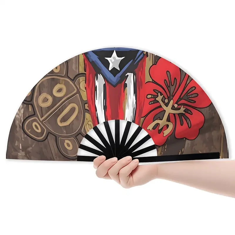 13-Inch Compact Plastic Handheld Folding Hand Fan with Puerto Rican Flag Design - Waterproof, Portable Outdoor Fashion Accessory for Music Festivals, Raves