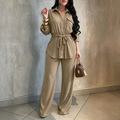 CHICME Women's 2 Piece Outfit Vintage Textured Drawstring Waist Turn-down Collar Button Down Top & Elastic Waist Wide Leg Pants Set, 2 Piece Sets, Women's Clothes