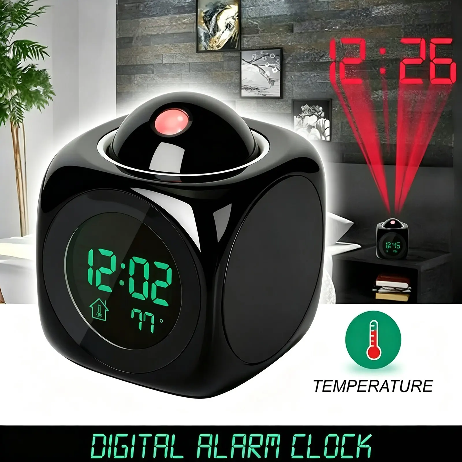 Projection Alarm Clock for Bedroom, Digital LED Clock That Projects Time onto Ceiling or Wall, Indoor Temperature, Date, 2 Alarms, Snooze, 5 Ringtones, 12/24H and Night Light, USB-Powered Ceiling Projection for Nightstand, Desk and Dorm Room