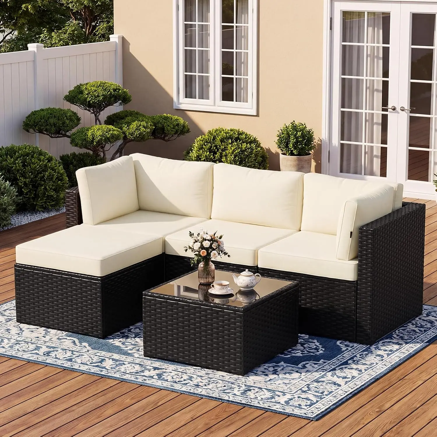 Jolydale 5-Piece Modular Sectional Couch Outdoor Patio Furniture Set, 3-Seat Wicker Rattan Sofa with Washable Cushions, Glass Table, Ottoman, Easy Setup for Backyard Poolside