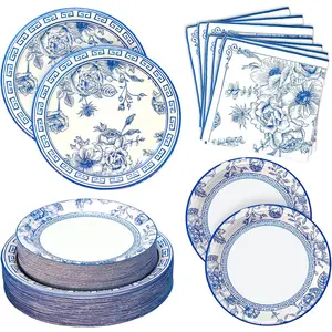 180PCS Blue White Floral Party Supplies Serve 60, Blue Flower Paper Plates and Napkins Kit for Bridal Baby Shower Wedding Tea Party Decorations, Includes Dinner Plates, Dessert Plates, Napkins