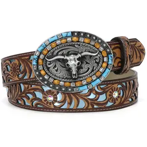 XZQTIVE Universal Western Belts - Floral Embossed Leather for Men & Women, Fashionable Turquoise Longhorn Bull Buckle, Perfect for Cowboy, Cowgirl & Western Style Western Brown Leather Print Belt with Buckle
