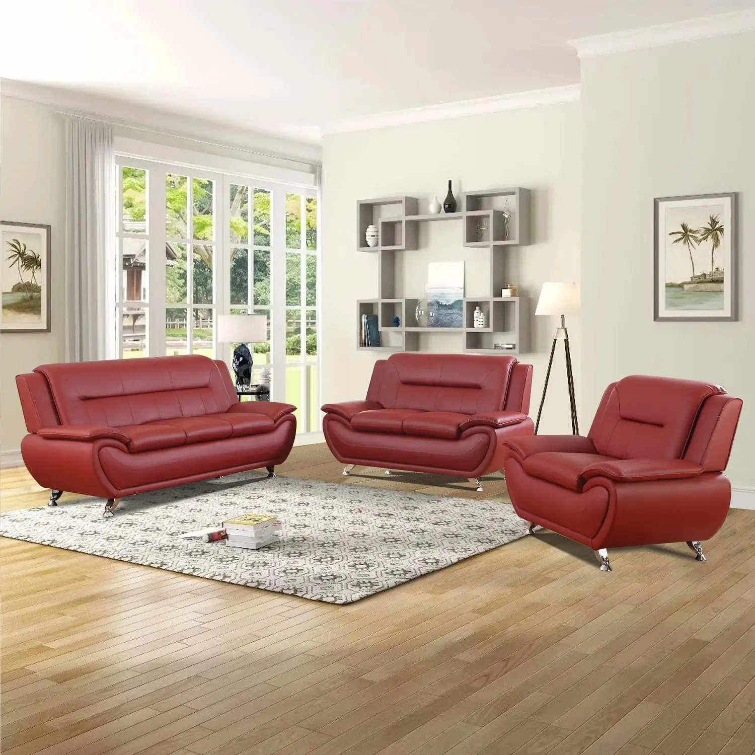 Leather Sofa Set for Living Room,3 Piece Living Room Furniture Set,Modern Couch Set with 3-Seater Sofa, Loveseat and Armchair (Red)