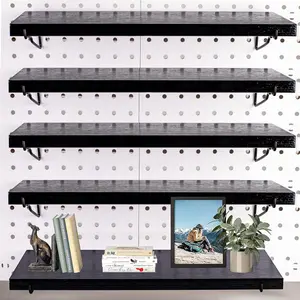 4 Pack Black Wooden Pegboard Shelves with Metal Brackets Hooks, Heavy Duty Peg Board Organizer Shelves, Pegboard Accessories Organizer for Crafts Room, Garage, Workbench, Office