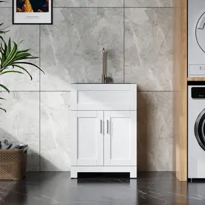 24in White Paint Free Laundry Tub Cabinet w/ Stainless Steel Combo(Update)    RR