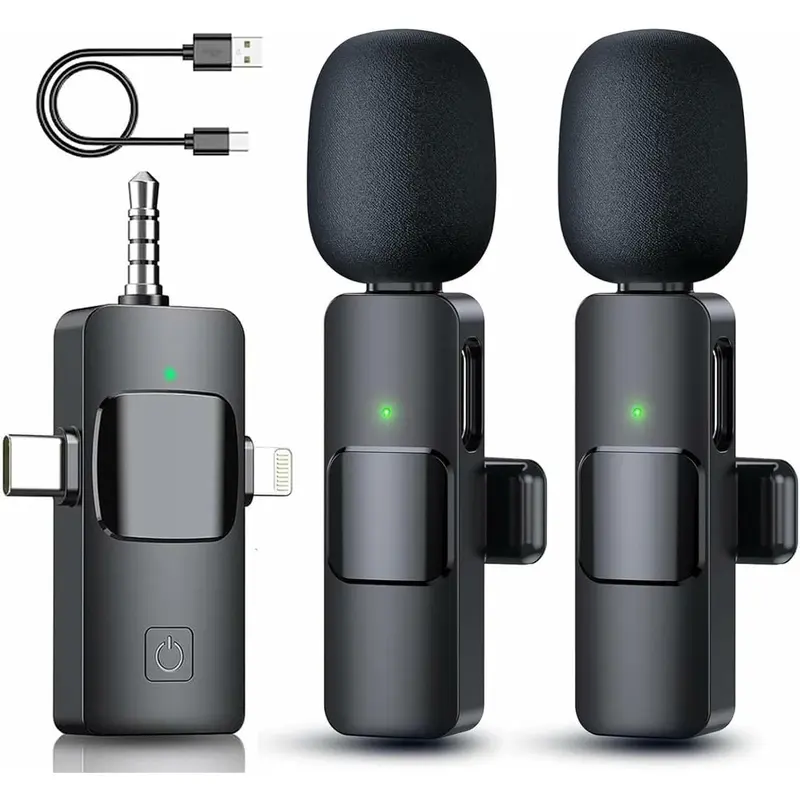 3 in 1 Wireless Lavalier Microphone for iPhone Android Camera 12Hour Battery Noise Reduction Recording Mic 2.4G Ultra-Low Delay Mini Microphone for Vlog TikTok YouTube Live Stream 2 Mic wireless  microphones