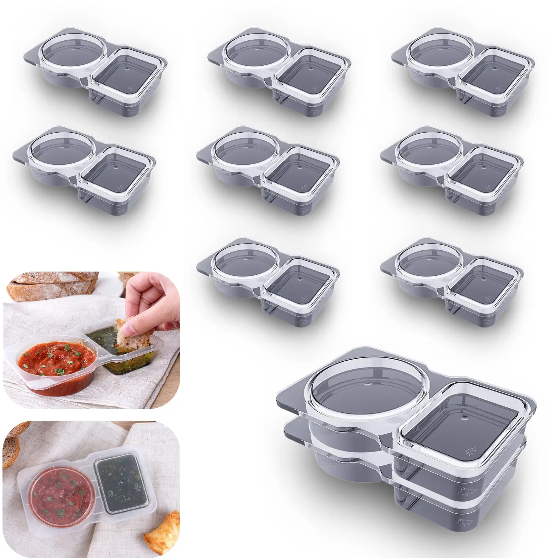 10Pcs Double Compartment Condiment Container with Lid Double Compartment Snack Containers Double Compartment Snack Containers for to-go Sauce, Samplin