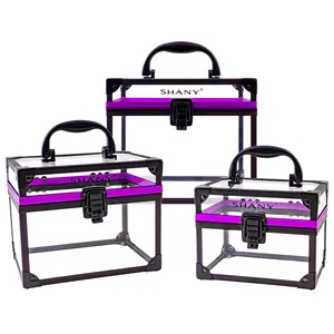 SHANY Clear Cosmetics and Toiletry Train Case - Clear Travel Makeup Bag Case Organizer with Secure Closure and Black/Purple Accents