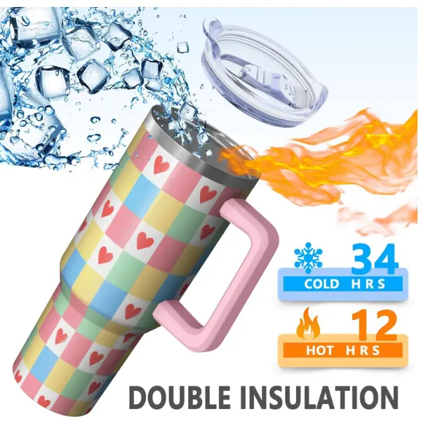 Pastel Checkered Heart Tumbler 40oz with Handle and Straw Lid, Double Insulated Stainless Steel Travel Mug, Plaid Heart Print Design, Personalized Tumbler Cup for Women Girls, Cute Gift for Her