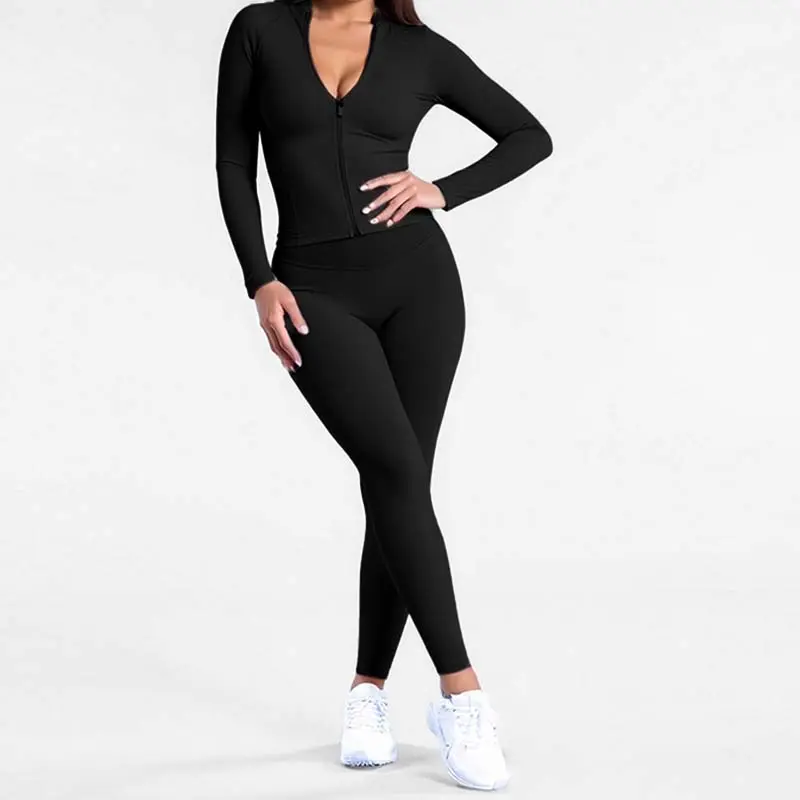 Women Zip Long Sleeve Top High Waist Leggings 2 Piece Yoga Set