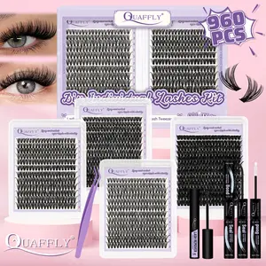 QUAFFLY Lash Clusters Kit 960Pcs D Curl Individual Lashes Kit Includes 4 Styles of Lash Bond Seal Remover and Tweezers 10-18MM 30+40+60+80D Makeup Cosmetic