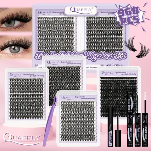 QUAFFLY DIY Lash Cluster Kit - Multi-Pack 960Pcs D-Curl 10-18MM False Cluster Lashes (30,40,60,80D) with 4 Styles, Bond, Seal, Remover & Tweezers Makeup Tool Set