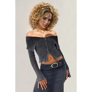 Double Take Ribbed Off-Shoulder Zip Up Long Sleeve Cardigan
