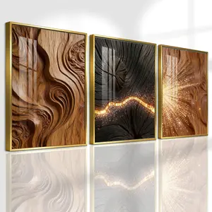 3 Counts Aluminum Alloy Framed Painting, Abstract Wood Texture And Golden Spark Art Pictures, Home Decoration For Living Room, Bedroom, Office, Restaurant, Hallway Wall Decor, Odorless Print Artwork, Luxury Perfect Gift For Friends And Family