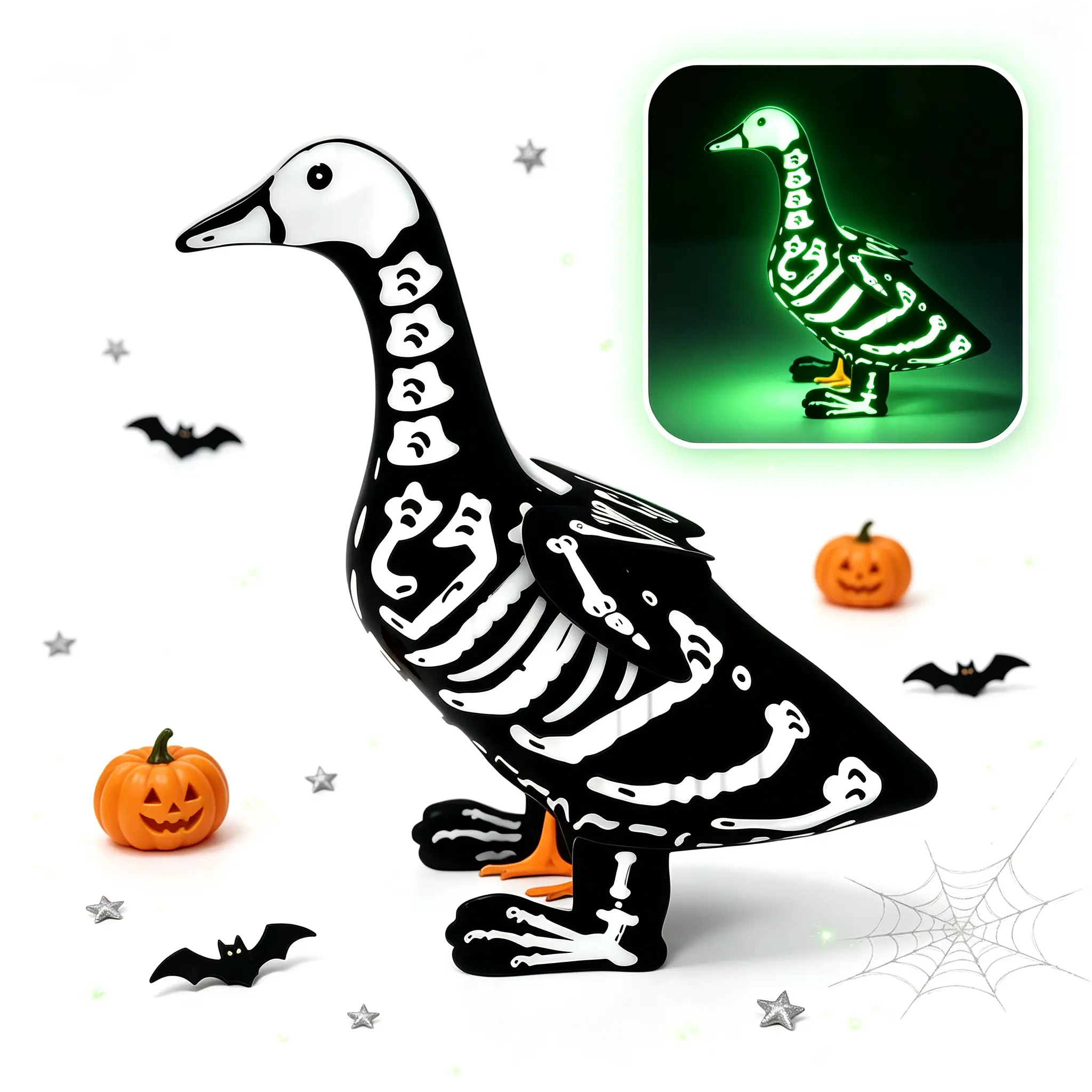 Halloween Porch Goose Outfit, Glow‑in‑the‑Dark Skeleton Costume for 23" Cement Porch Goose Statue, Skeleton Clothes Accessories for Halloween Outdoor Patio Yard Lawn Decoration