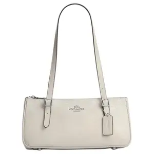 COACH Asher 34 Leather Bowling Bag with Brand Logo, Large Shoulder Bag for Women in White