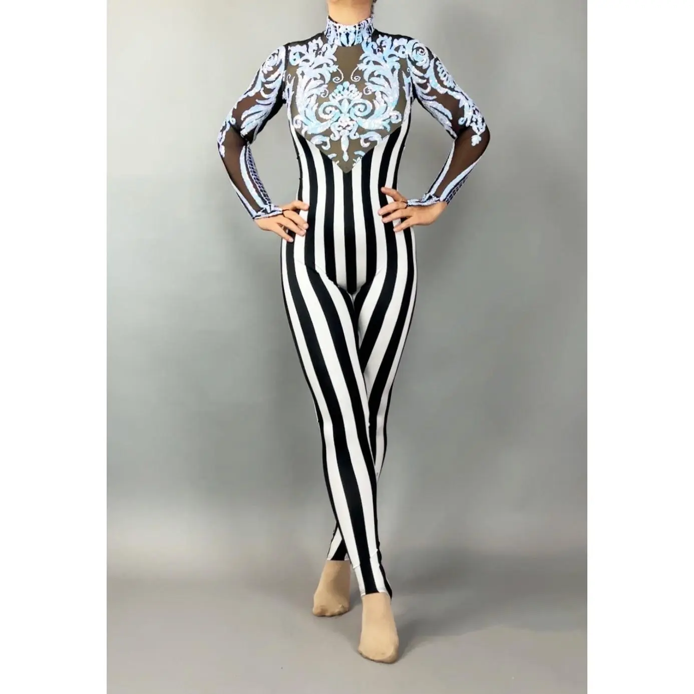Striped Catsuit for Women, Long Sleeve High Neck Performance Clothes in Stretchy Spandex Fabric with Sheer Mesh and Sequin Details, Accessories