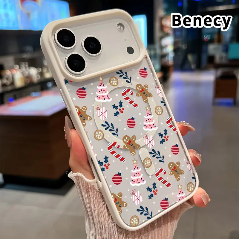 Magnetic Smartphone Case - Wireless Charging Support, Christmas Cozy Gingerbread Man Pattern, Non-Yellowing, Shockproof Soft Silicone Transparent Acrylic Casing for iPhone 17/16 Pro Max Plus/15/14/13/12/11/Air E, Handheld Cellphone Protection