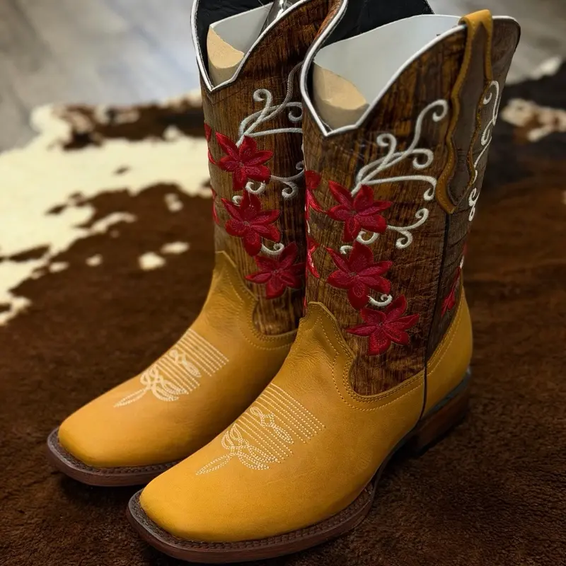 Bogambilia Boots 100% Leather Square Toe True to Size White Diamond Boots Made in Mexico with Floral Embroidery