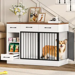 Large Dog Crate Furniture, 47.2'' Wooden Kennel with 3 Storage Drawers, Hidden Feeding Bowl, Adjustable Shelf, 2 Doors, for Small/Medium Dogs Pet Supplies