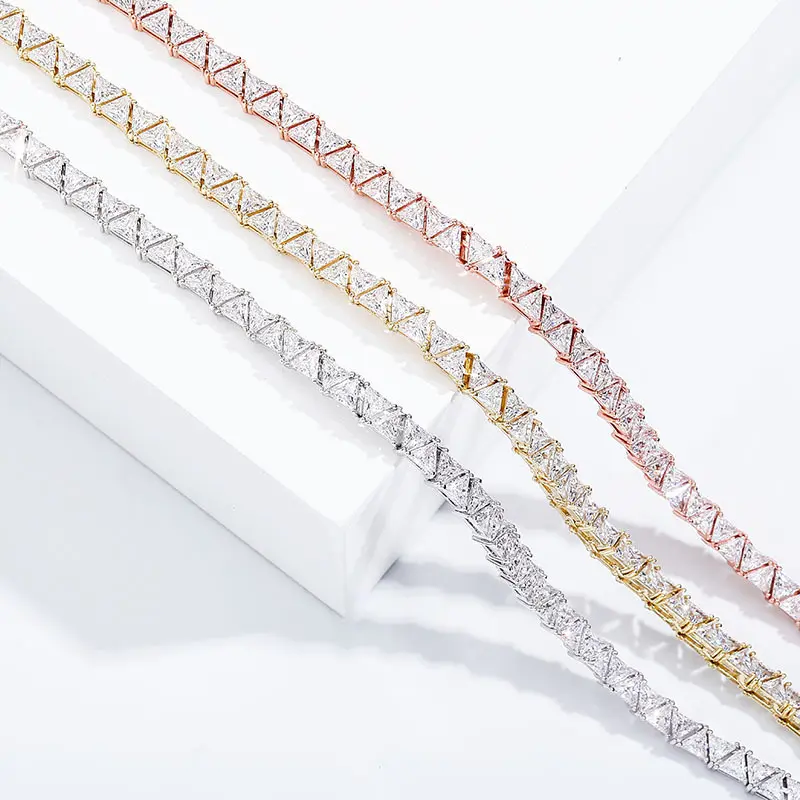 5mm Triangle Cubic Zirconia Tennis Chain 14K Gold Plated Brass Iced Out Geometric Necklace Unisex Hip Hop Jewelry