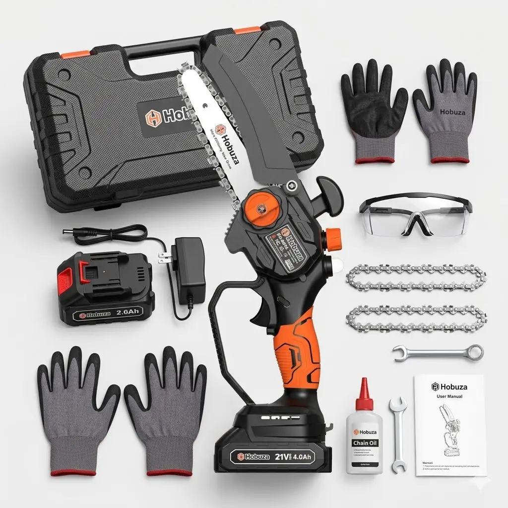HOBUZA HC-6001 6-Inch Cordless Brushless Mini Chainsaw, Orange, 2x 2000/4000mAh Dual Batteries, 1-Hand Operation, Garden Tree Pruning & Storm Cleanup Power Tool, Ideal Holiday Gift for Seniors & Women gardening chain electric trimming