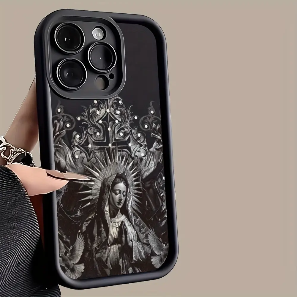 Virgin Mary Flowers Pattern 1.2mm Super Soft Silicone Cellphone Casing - Drop-Proof, Shockproof Protector Accessory for iPhone 17,16,15,14 Pro Max,13,12 Pro Max,12,11,XS Plus Smartphones