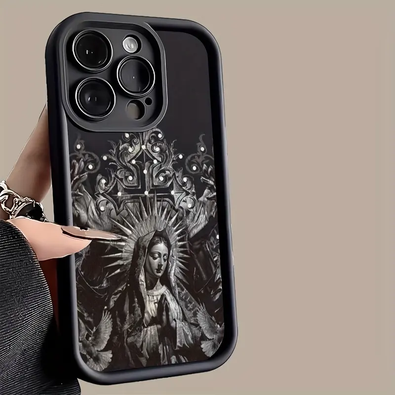 Premium Silicone Virgin Mary Flowers Pattern Cellphone Case - 1.2mm Skinny, Protective Casing Cover for iPhone 16/15/14 Pro Max/13/12/11/XR/XS Plus, Shockproof Drop Protection, Smartphone Accessory