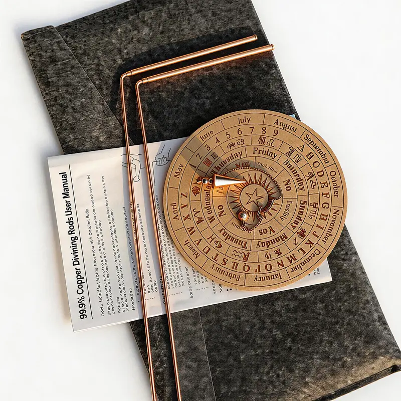 99.9% Pure Copper L-Shaped Dowsing Rods Set with Antioxidation Coat - 2 Rods, 40% More Sensitivity, Felt Pouch, Quick-Start Guide, 5-Ring Pendulum Board, Zodiac Religious Home Decor (Witchy Gifts, Divination Use, Water Line Locating) for Beginners