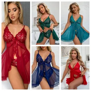 2 Pieces Women's Sleepshirts Lace Lingerie Set Semi-transparent V-Neck Thong Underwear for Women Exquisite Tulle Nightgown Set