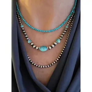 Retro turquoise beaded necklace—fashionable and adjustable, suitable for men’s and women’s gatherings as well as everyday wear; a stylish, clean piece of jewelry ideal as a birthday gift for girls; adjustable beaded design.