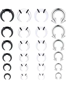 Classic 24 Pcs Silvery Black Transparent Piercing Jewelry Set Trendy Acrylic Stainless Steel Septum Rings for Women Men C Shape Stainless Steel Buffalo Stretcher Expender with Black O-Rings for Stretching Pierced Nose Ear Cartilage Earrings