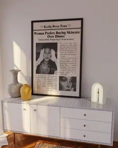 Trendy Newspapers Print, Woman Prefers Buying Skincare Over Dinner Wall Art, Times News, Preppy Decor,Dorm decor,Bar Cart Wall Art
