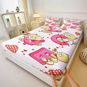 Adorable bear-themed printed fitted sheet set,Includes 1 Fitted Sheet & 2 Pillowcases without Filler,Creates a sweet and romantic atmosphere,Features charming and endearing designs,Multiple styles available.