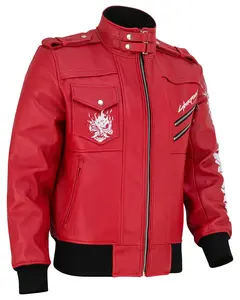 Premium Red Cyberpunk 2077 Samurai Gaming Leather Jacket Removable Hood- Best Gift Menswear Coats