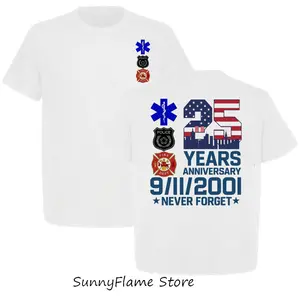 9/11 25th Anniversary First Responder T-Shirt, Never Forget EMS, Police And Fire Dept Tributes, NYC Skyline Cotton Short Sleeve Gift for Men Top, Gift Father's Day