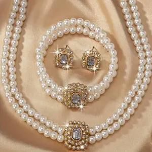 1 set of retro luxury French double row artificial pearl jewelry set, equipped with geometric square earrings, bracelets, and necklaces, suitable for women - daily wear accessories, give to best friends