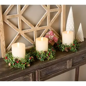 Set of 3 Berry and Boxwood Candle Rings by Valerie