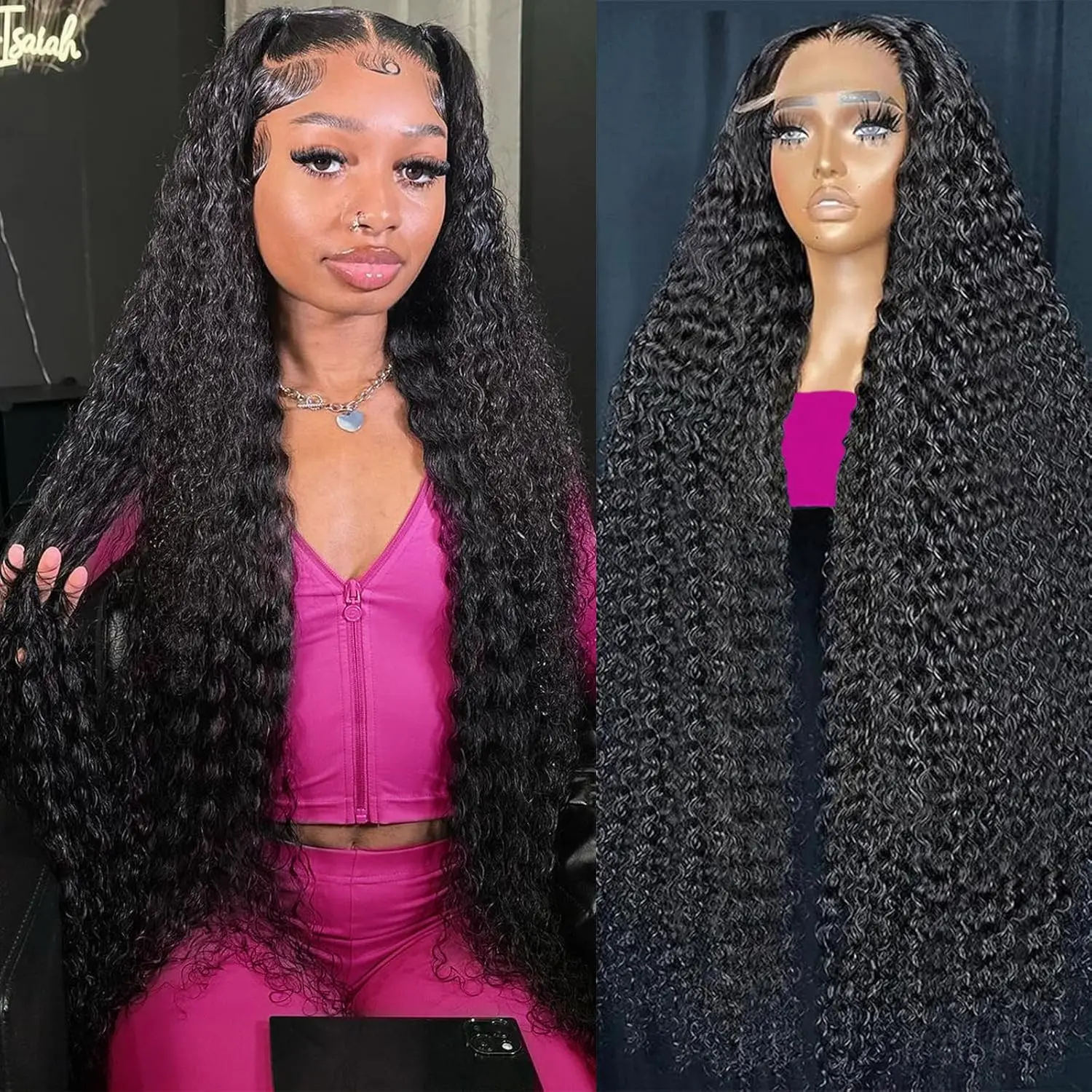 Zlzlblbl 30 Inch Curly Wave Lace Front Wigs Human Hair Pre Plucked 13x6 HD Lace Front Curly Wigs Human Hair 200% Density Glueless Frontal Wigs Curly Wig for Women Natural Black #