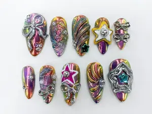 Freestyle Colorful Press On Nails | Air Brush Fake Nails | Edgy Chrome Nails