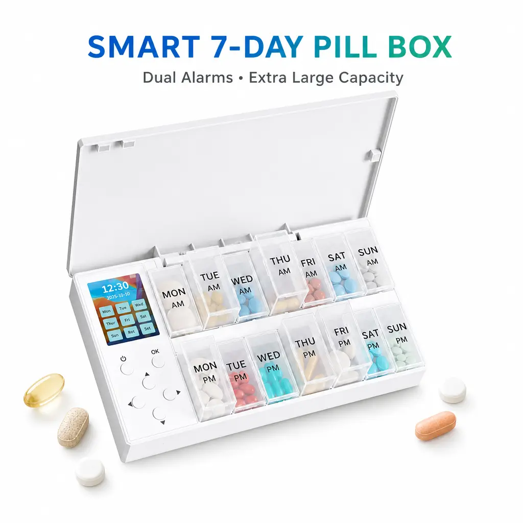 7-Day Smart Automatic Pill Box Organizer with 7-Day Slots, Loud Sound-Light Alarm System, Compact PVC Plastic Lid - Home/Travel Capsules/Vitamins Storage Container, Practical Gift for Elderly People