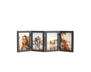 WARM&LOVE 4 Picture Frame, 4x6 Four Folding Hinged Photo Frames, Rustic Wood Desk Family Photo Collage Stand Vertical on Tabletop for Birthday Family Lover Gift (Black)