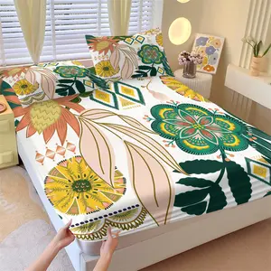 Bohemian Floral Fitted Sheet Set, 1 Fitted Sheet & 2 Pillowcases Without Core, Bohème Floral & Geometric Patterns, Soft Anti-Slip Wrinkle-Resistant, Natural Spontaneity & Romantic Atmosphere Bedroom Decor