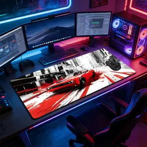 Red Black Urban Drift Car Large Gaming Mouse Pad, Gaming Mousepad, Non-Slip Rubber Base Stitched Lock Edge Desk Mat, Cyberpunk Racing Design Desk Pad, Durable Computer Accessory for Home Office & Gaming Setup, Gift for Gamers & Racing Fans